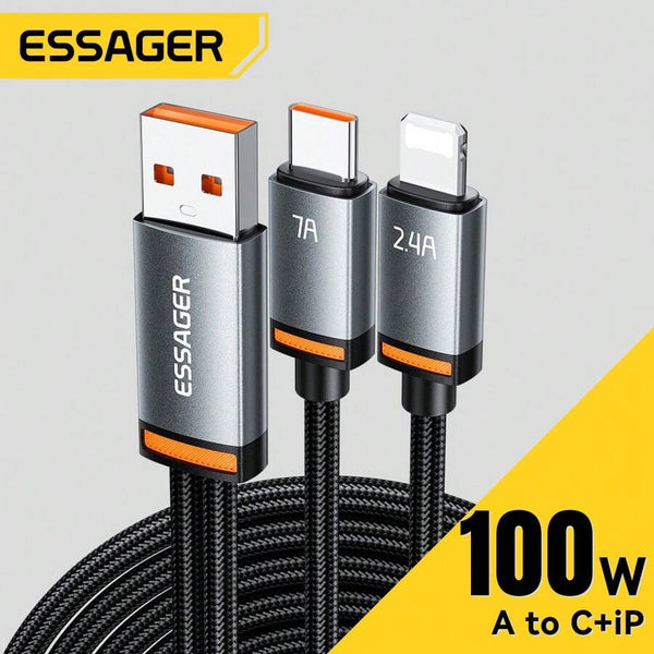  شاحن مزودج يشحن جهازين معا بكفاءة عالية (29W) Type-C(100W) + Lightning وطول 1.2 متر 